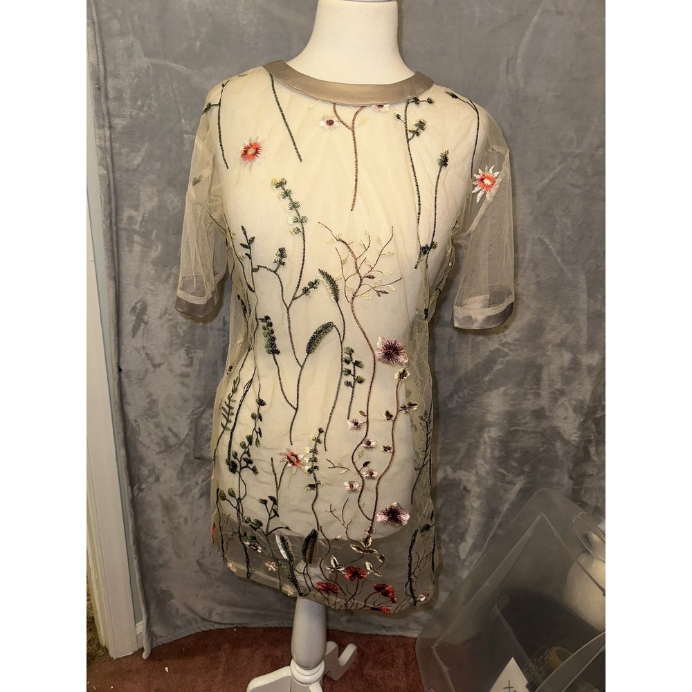 Women's tunic mesh floral S‎ nude satin trim boho chic feminine garden party